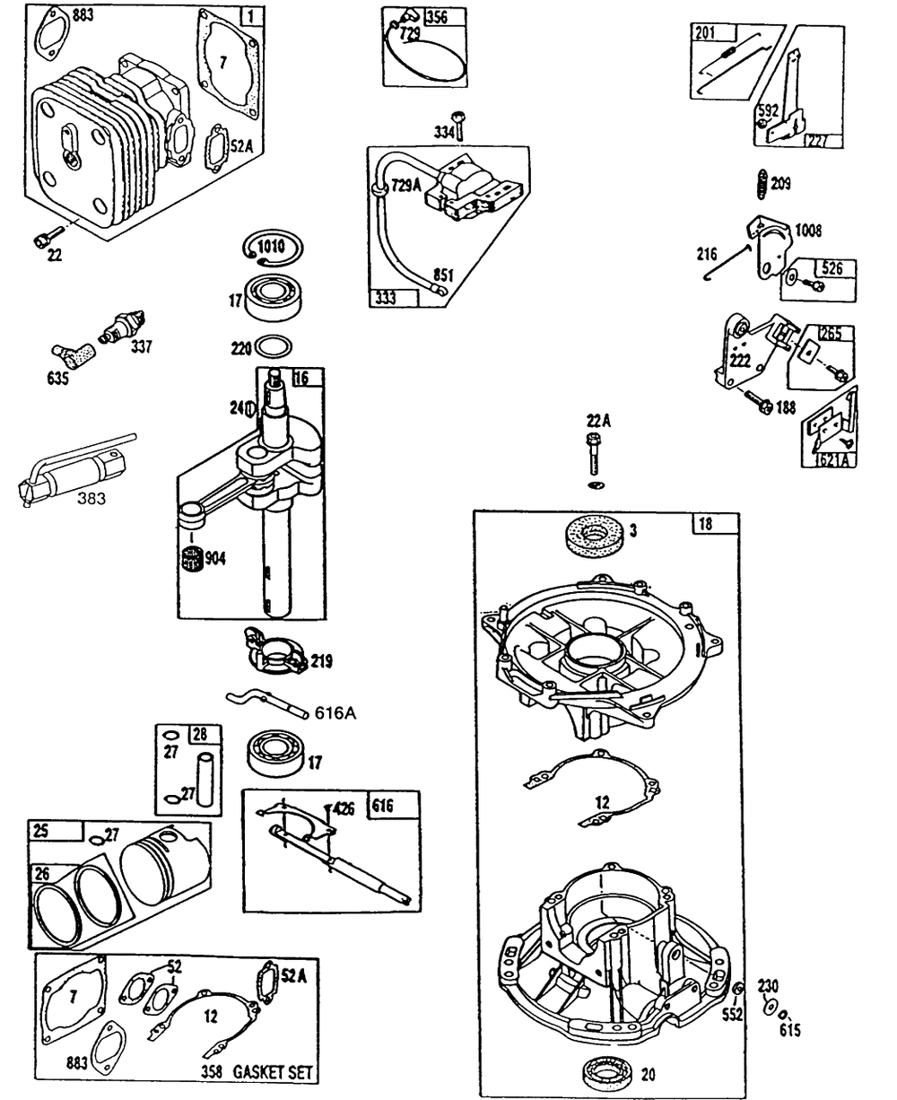 Cylinder, Sump ,drive Train Diagram and Parts List for 95722-0213-XX  Briggs and Stratton Engine